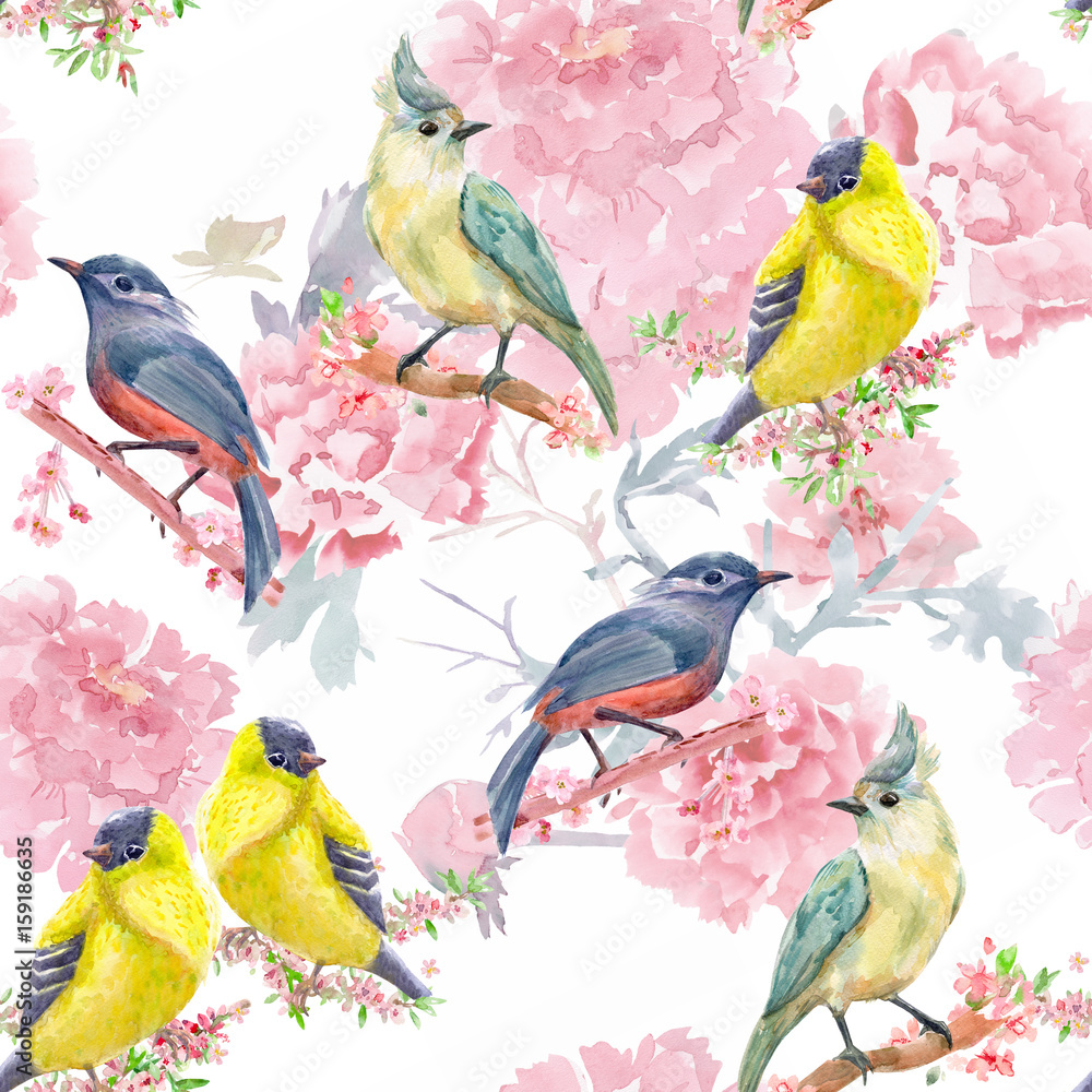 Naklejka premium nature seamless texture with collection of pretty bird on flowering branches. watercolor painting
