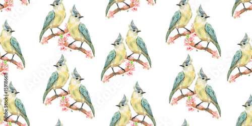 horizontal seamless border with couples of birds on flowering br