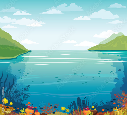 Blue sky, underwater coral reef, sea and islands.
