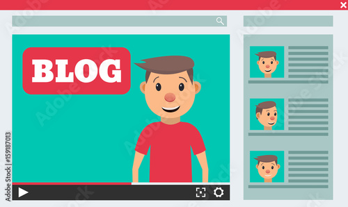 Video blogger concept. Male blogger channel. Computer screen with video player. Vector illustration in flat style