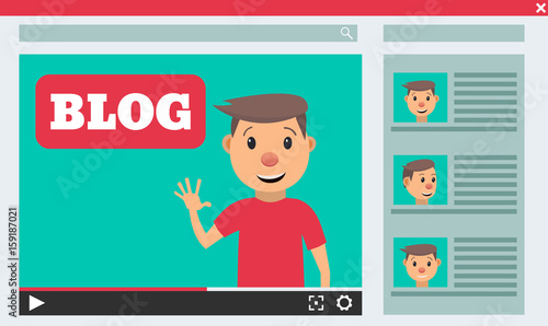 Video blogger concept. Male blogger channel. Computer screen with video player. Vector illustration in flat style