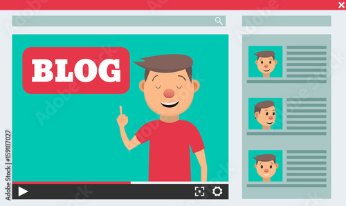 Video blogger concept. Male blogger channel. Computer screen with video player. Vector illustration in flat style