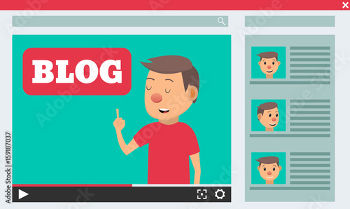 Video blogger concept. Male blogger channel. Computer screen with video player. Vector illustration in flat style