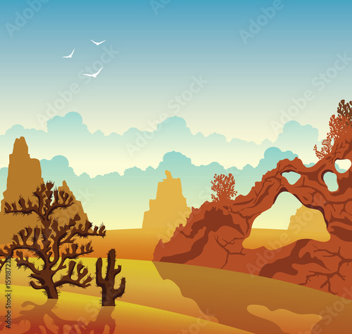 Desert landscape. Cactuses and mountains.