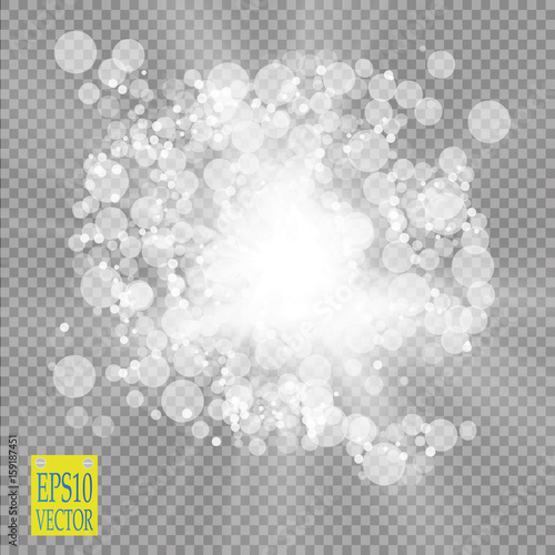 Abstract white bokeh effect explosion with sparks modern design. Glow star burst or firework light effect. Sparkles light vector transparent background. Christmas Concept. Flicker magic effect