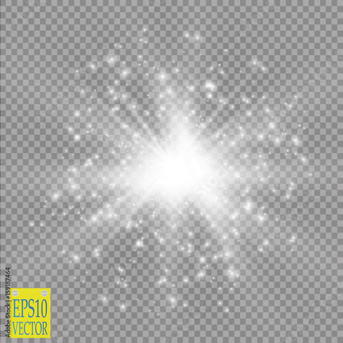 Abstract white bokeh effect explosion with sparks modern design. Glow star burst or firework light effect. Sparkles light vector transparent background. Christmas Concept. Flicker magic effect