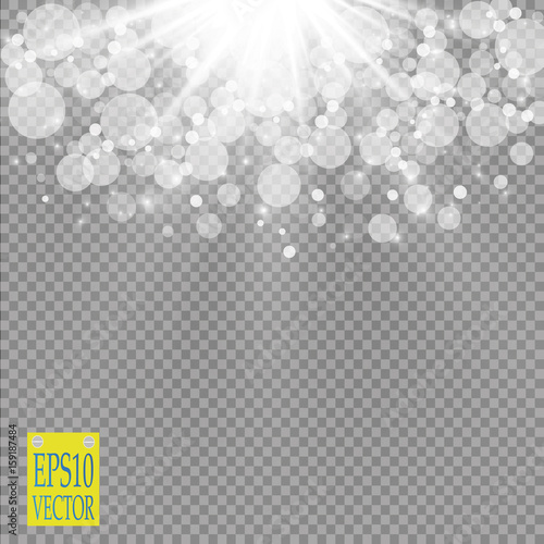 Abstract white bokeh effect explosion with sparks modern design. Glow star burst or firework light effect. Sparkles light vector transparent background. Christmas Concept. Flicker magic effect