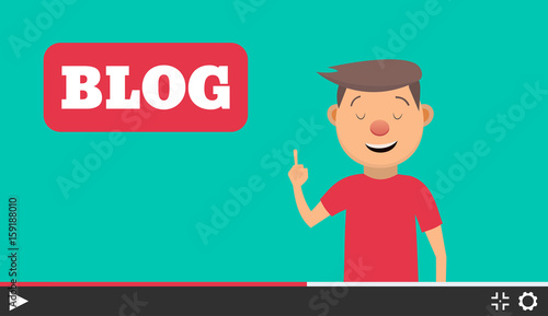 Video blogger concept. Male blogger channel. Computer screen with video player. Vector illustration in flat style