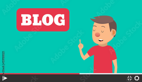 Video blogger concept. Male blogger channel. Computer screen with video player. Vector illustration in flat style