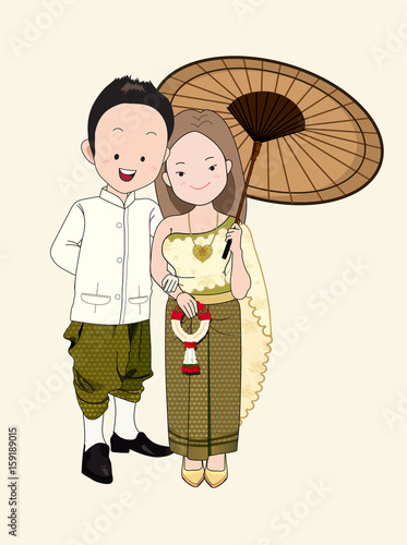 wedding cartoon vector, bride and groom in thai traditional suit and dress.