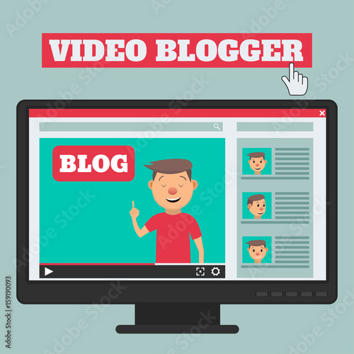 Video blogger concept. Male blogger channel. Computer screen with video player. Vector illustration in flat style