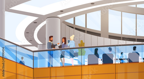 Modern Business Center Office Building Businesspeople Working Meeting Interior Flat Vector Illustration