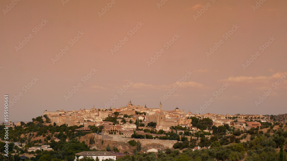 Panorama of the city of Toledo in Spain at sunset.