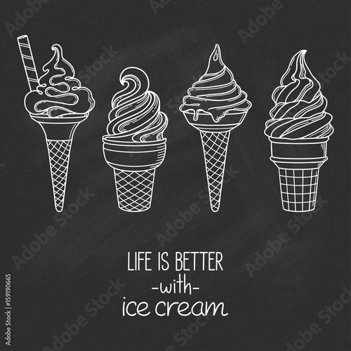 Set of hand drawn soft serve ice cream cones over chalkboard texture
