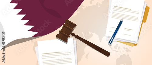 Qatar law constitution legal judgment justice legislation trial concept using flag gavel paper and pen
