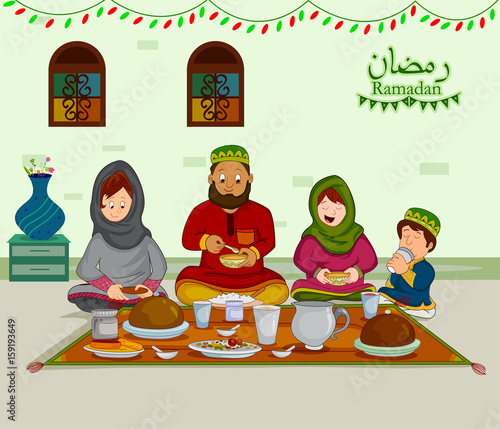 Happy muslim family enjoying iftar for Eid celebration on Ramadan