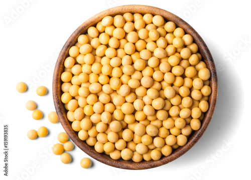 raw soybeans isolated on white, top view