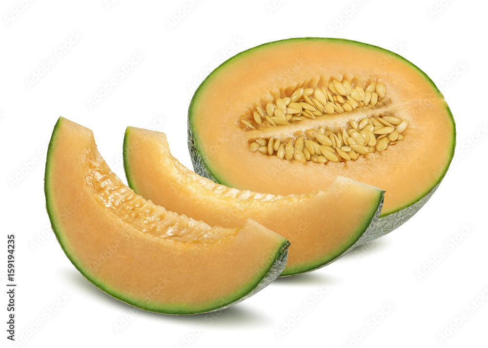 Cantaloupe melon and pieces horizontal isolated on white Cantaloupe melon and pieces horizontal isolated on white