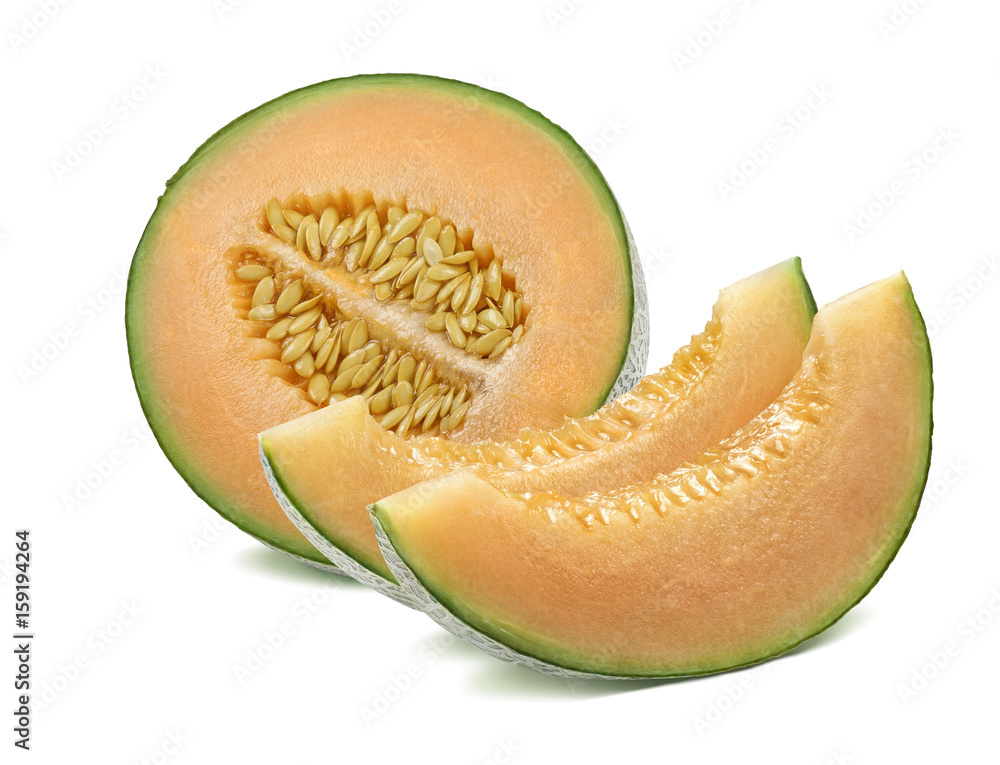 Half cantaloupe melon and slices isolated on white Half cantaloupe melon and slices isolated on white
