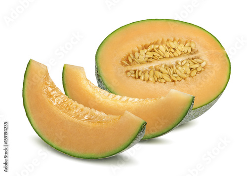Cantaloupe melon and pieces horizontal isolated on white