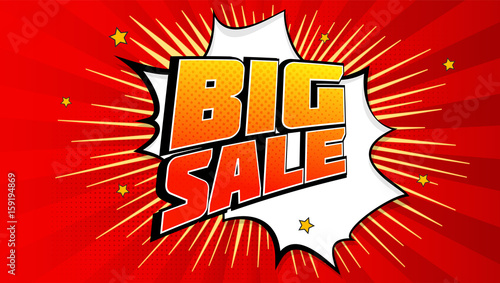 Big sale pop art splash background, explosion in comics book style. Advertising signboard, price reduction, sale with halftone dots, cloud beams light on red backdrop. Vector for ad, covers, posters.