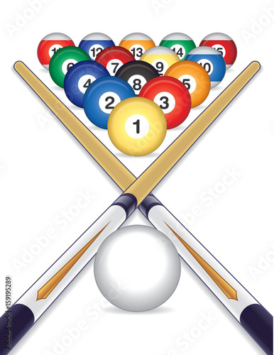 billiard balls and cue ball with cue sticks crossed on white background