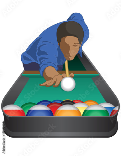 billiards player, male, taking aim at the cue ball with billiards balls in triangular formation in front