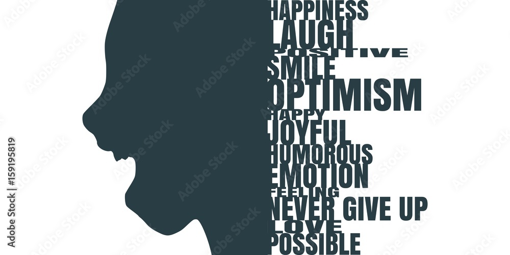 Face side view. Elegant silhouette of a female head. Vector Illustration. Monochrome gamma. Surprised beautiful woman smiling with open mouth. Emotions relative tags cloud