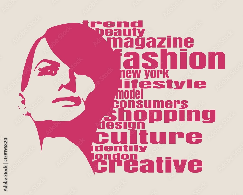 Face front view. Elegant silhouette of a female head. Vector Illustration. Monochrome gamma. Fashion Relative Keywords Cloud Face front view. Elegant silhouette of a female head. Vector Illustration. Monochrome gamma. Fashion Relative Keywords Cloud