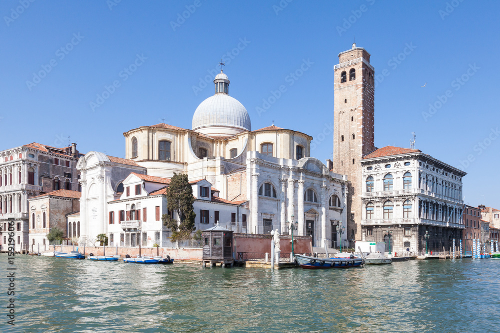 Venice,  Veneto, Italy. View of San Geremia church, Cannaregio,   from the Grand Canal with Palazzo Flangini and Palazzo Labia on either side