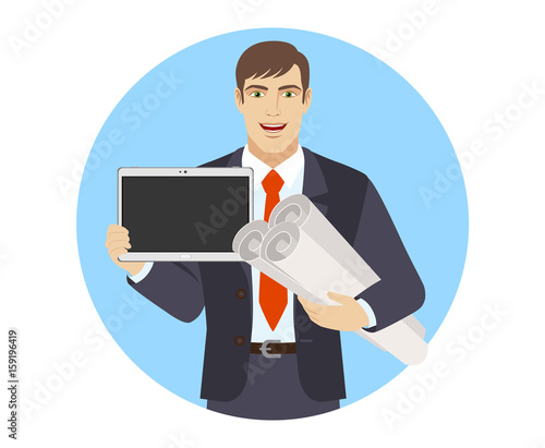 Businessman holding the project plans and showing blank digital tablet PC