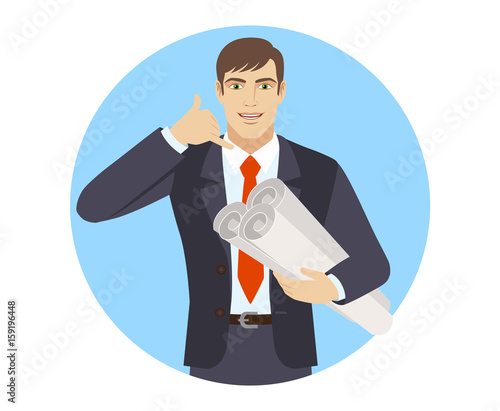 Call me! Businessman holding the project plans and showing a call me sign