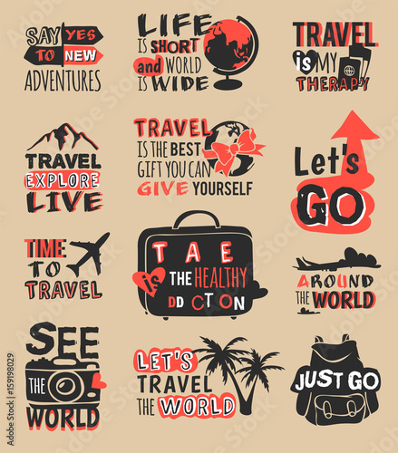 Travel motivation text quote phrases badge vector logo illustration