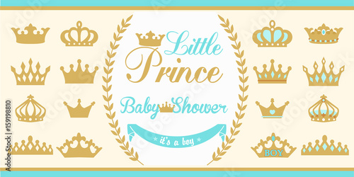 Gold and blue crowns set. Little prince design elements. Template silhouettes of crowns for laser cutting. Birthday party and boy baby shower decor. 