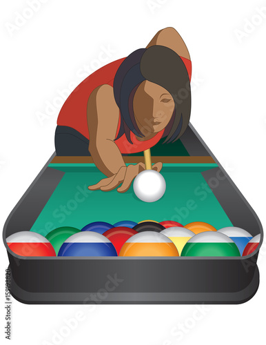 billiards player, female, taking aim at the cue ball with billiards balls in triangular formation in front