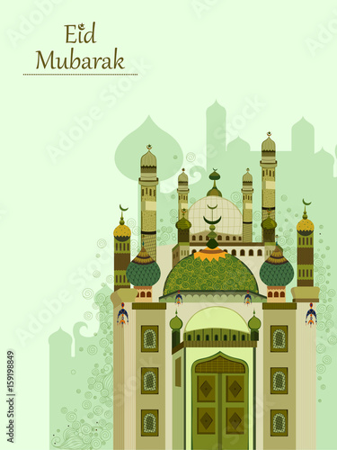 Decorated mosque in Eid Mubarak Happy Eid background
