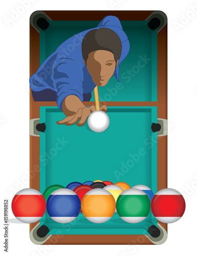billiards player, male, taking aim at the cue ball with billiards table in the background