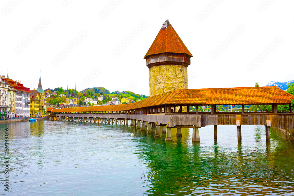 Chapel Bridge and Water Tower in Luzern - Switzerland