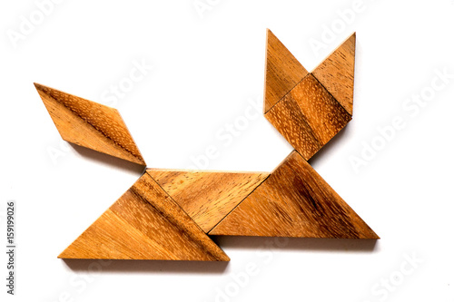 Wooden tangram puzzle in cat shape on white background