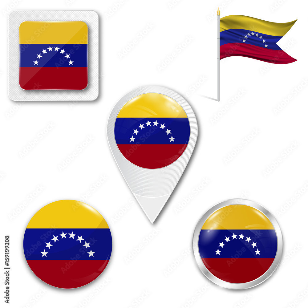 Set of icons of the national flag of Venezuela in different designs on a white background. Realistic vector illustration. Button, pointer and checkbox. Set of icons of the national flag of Venezuela in different designs on a white background. Realistic vector illustration. Button, pointer and checkbox.
