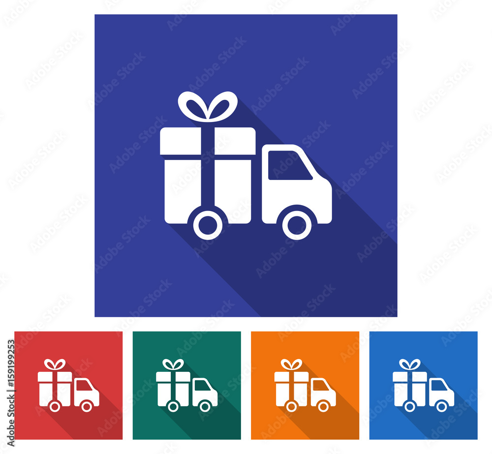 Square icon of delivery car. Flat style illustration with long shadow in five variants background color Square icon of delivery car. Flat style illustration with long shadow in five variants background color