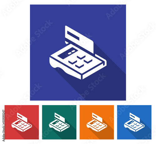 Square icon of  POS-terminal with credit card. Flat style illustration with long shadow in five variants background color
