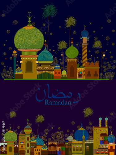 Decorated mosque in Eid Mubarak Happy Eid Ramadan background