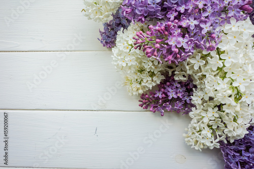 Branch of lilac on a white-painted wooden boards. Top view. Design element for card  banners  print. 