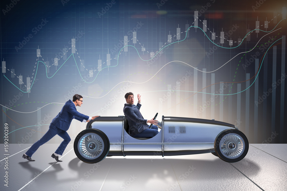 Businessman car pushing in teamwork concept Businessman car pushing in teamwork concept