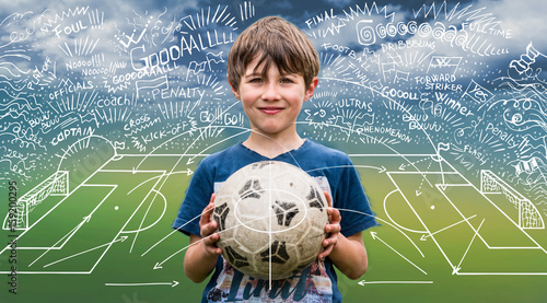 Fototapeta Naklejka Na Ścianę i Meble -  Young boy holding a soccer ball and scheme strategy of soccer game on backdrop