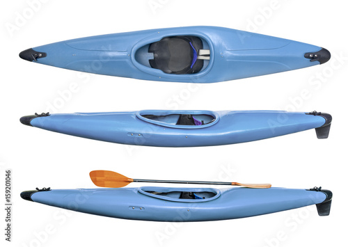 blue whitewater kayak with paddle