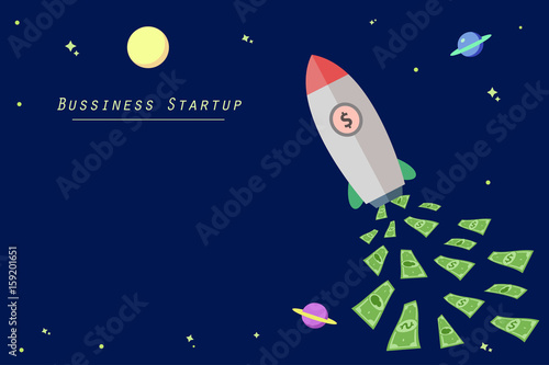 Business rocket flying, business startup banner concept. Project start up - launch business space rocket by money fuel. Space Rocket with business startup text. flat style vector illustration EPS10.