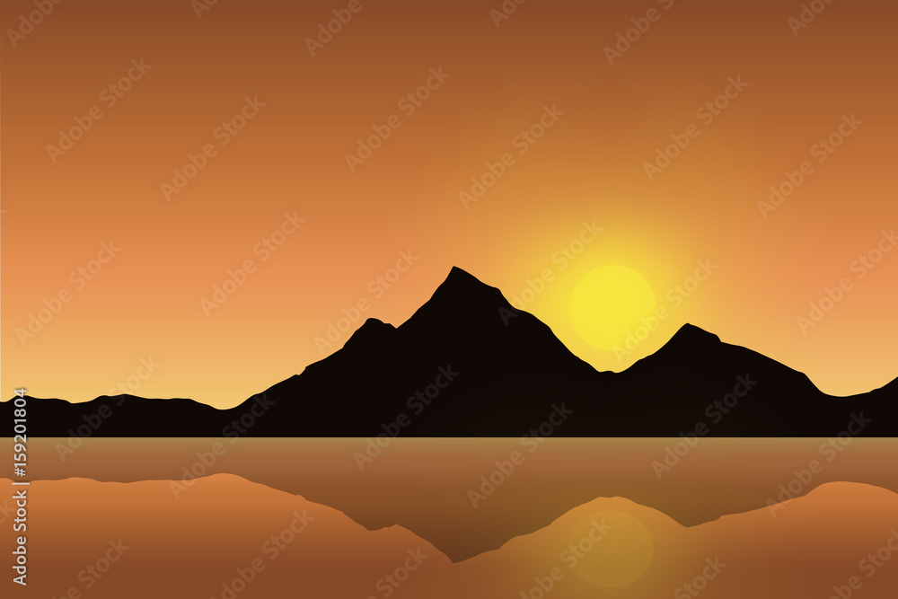 Vector illustration of a mountain landscape reflected in the sea surface under an orange sky with the rising sun