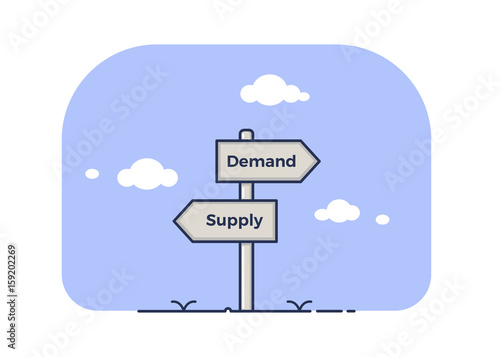 Signpost concept linking demand with supply concepts. Economy Vector illustration